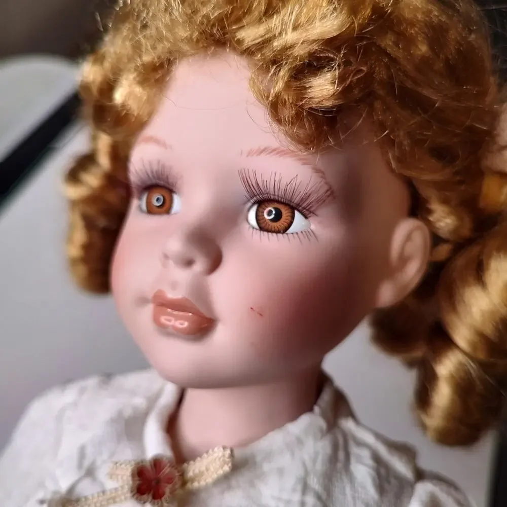 Vintage Porcelain Doll Strawberry Blond Curly Hair Brown Eyes